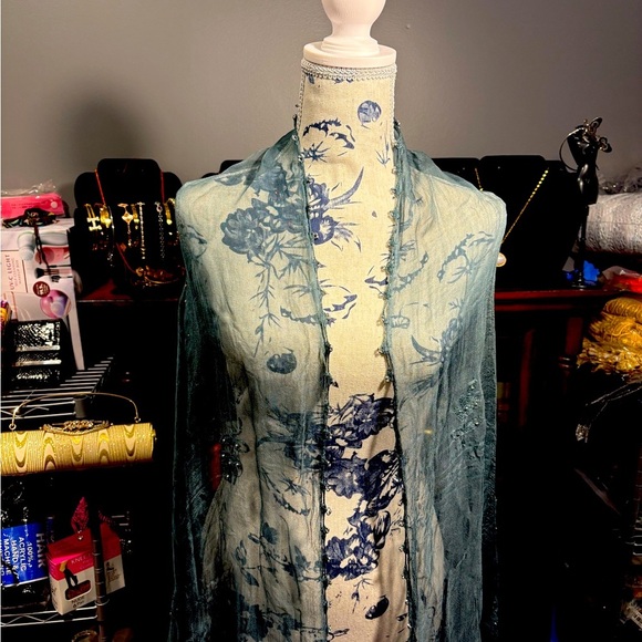 Beaded & Stoned Blue Scarf Wrap Bead Detailing Rhinestone - Picture 2 of 7